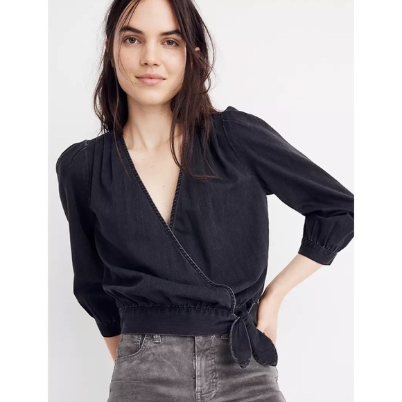 MADEWELL BLACK WASH DENIM WRAP TOP Cotton Sz XS NWT $78. - Picture 1 of 10